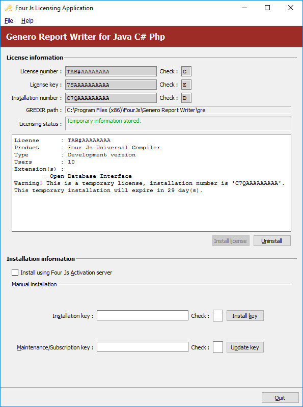 Image shows a screenshot of the Genero Report Engine for Java Licenser screen displaying details of license installed for Genero Report Writer for Java, C# and PHP.
