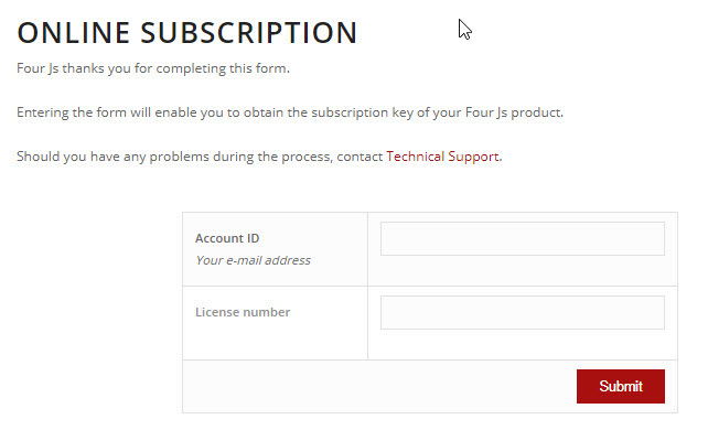 The image shows the Online subscription form on the License your products page on the Genero Report Writer web site at www.generoreportwriter.com.