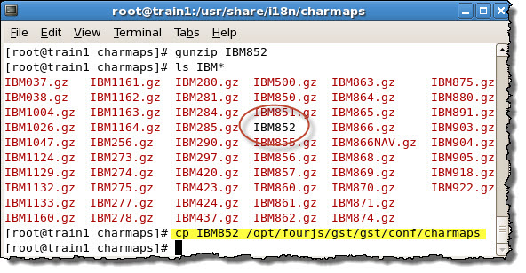 This screenshot shows the process of uncompressing and copying the IBM852 charmap to the <GST-install-dir>/conf/charmaps directory.