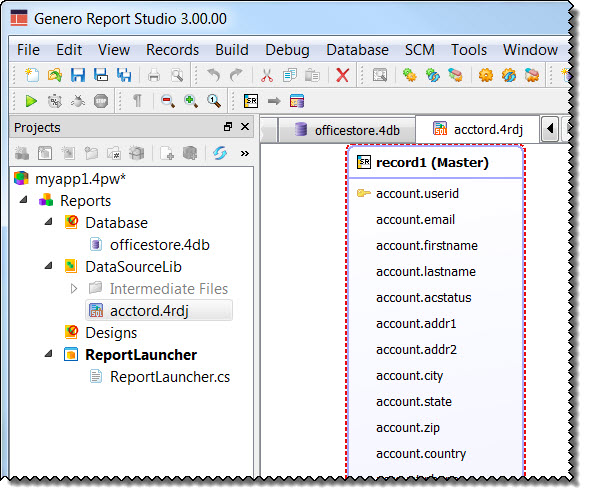 Screen shot showing project and data model record.