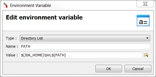 Environment Variable dialog populated with value for PATH environment variable JDK_HOME.