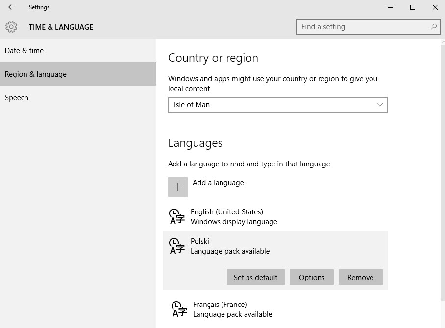 This screenshot shows an example of selecting a different default input language for a Windows client.