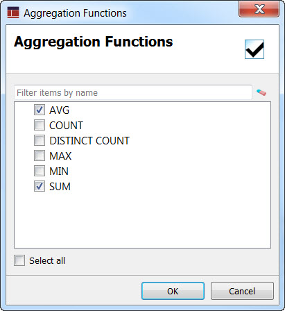 Screen shot of Aggregation Functions dialog.