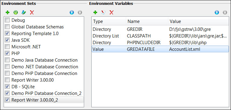 Screen shot showing copy of Report Writer environment set, with addition of GREDATAFILE environment variable highlighted.