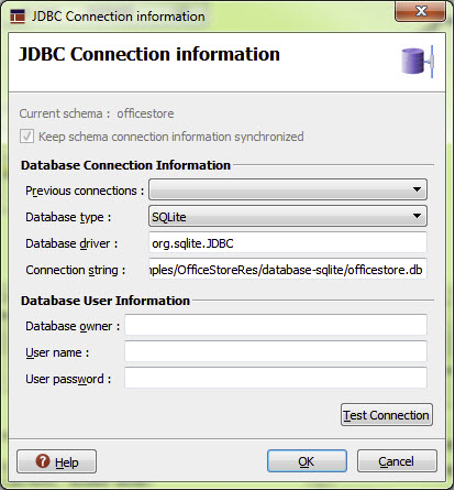 Example of a JDBC Connection information dialog.