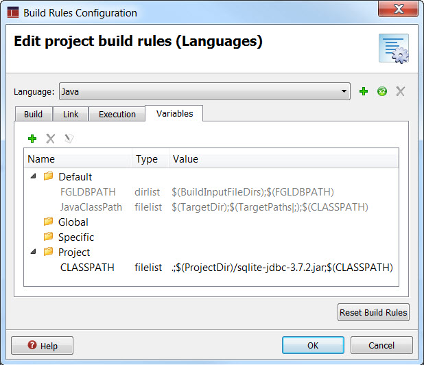 A screen shot of the Build Rules Configuration dialog - Variables tab.