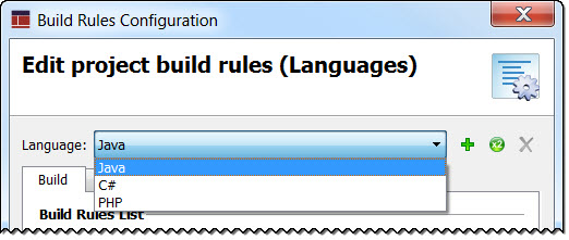 A screen shot of the Build Rules Configuration dialog showing Java as the language default.