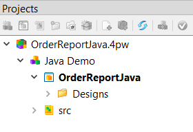 Screen shot of the OrderReportJava demo in Project Manager.