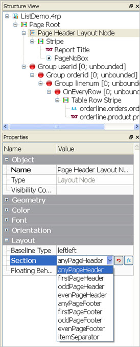 This figure is a screen shot of the Structure View and Properties View of a sample report. In the Properties, the Section attribute is expanded to show options, such as anyPageHeader.
