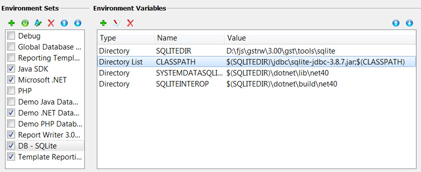 In this screen shot, the SQLite .jar file is added to the front of the existing CLASSPATH.