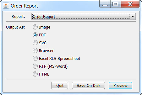 This figure is a screenshot of the form used in the Reports demo, when run using the Java demo program. See the surrounding text for information on using the form.