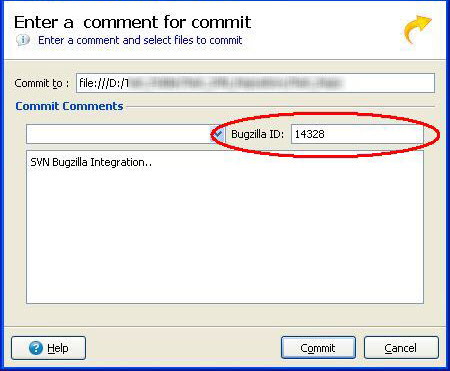 Genero Studio for Report Writer Commit dialog with integrated Bugzilla ID field.