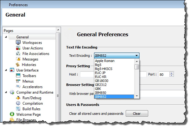 This screenshot shows the new IBM852 plugin in the list of text encodings in Genero Studio for Report Writer Preferences.